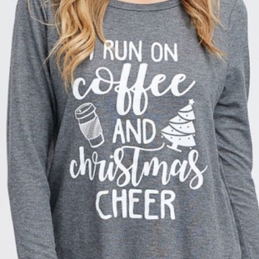 Christmas Long Sleeve Gray Coffee and Cheer Top